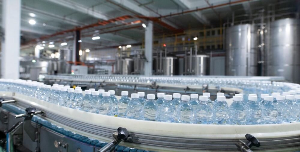 Water bottle processing plant illustrative image